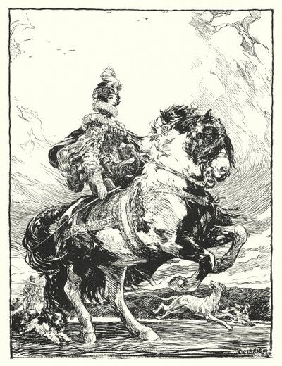 Kvinne i Tudor-kostyme på jakt på hesteryggen (litho) av Christopher (after) Clark