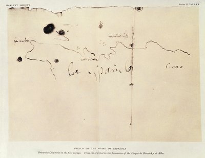 Skisse av kysten av Espanola, tegnet av Columbus på den første reisen, fra originalen i besittelse av Duque de Berwick y de Alba, 1492 (blekk på papir) av Christopher Columbus