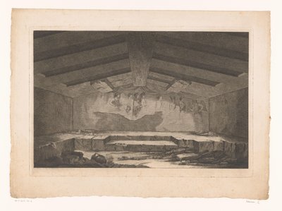 Etruskisk gravkammer i Tarquinia med et veggmaleri som viser en prosesjon på bakveggen av Christopher Norton