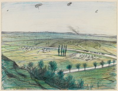 Landskap med observasjonsballonger, 1914-18 (blyant og fargestift på papir) av Christopher Richard Wynne Nevinson