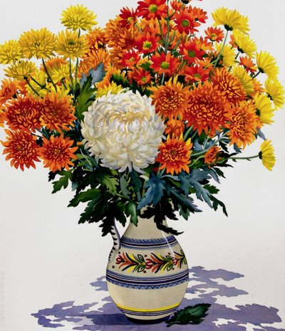 Krysantemum i mønstret mugge, 2005 (wc på papir) av Christopher Ryland