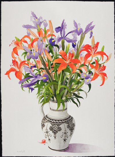 Blomster i en svart og hvit kanne (wc) av Christopher Ryland