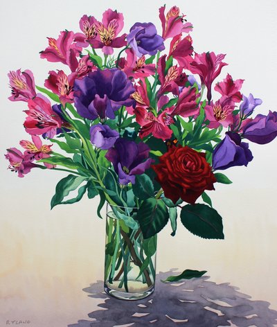 Blomster med rød rose (akvarell på papir) av Christopher Ryland