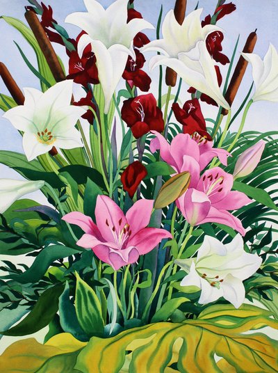 Liljer og bullrushes (akvarell på papir) av Christopher Ryland