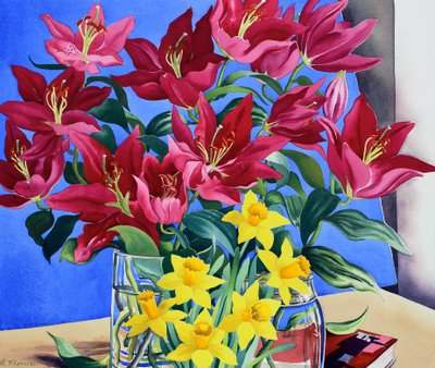 Magenta liljer og påskeliljer (akvarell på papir) av Christopher Ryland
