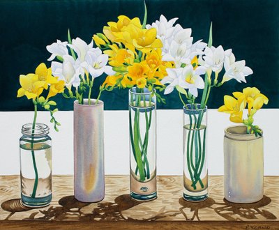 Still Life Freesias (akvarell på papir) av Christopher Ryland