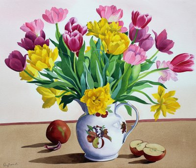 Tulipaner i kanne med epler (akvarell på papir) av Christopher Ryland