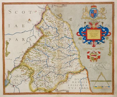 Kart over Northumbria, fra "An atlas of England and Wales" av Christopher Saxton