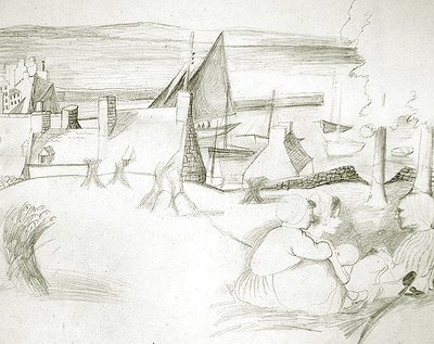 Breton Fishing Village, ca. 1929-30 (blyant på papir) av Christopher Wood
