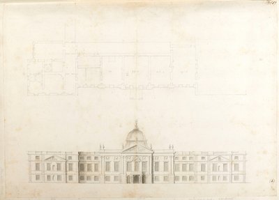 Hampton Court Palace, delplan og skisseopphøyde for en inngangsfasade, sannsynligvis for andre plan, nummerert 5 og 6 av Christopher Wren