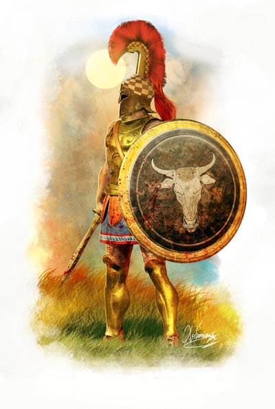 Antikk athensk hoplitt, 490 f.Kr., 2010 (blyanttegning, digital pensel, 3D CGI) av Christos Giannopolous