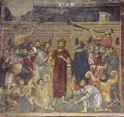 The Mocking of Jesus-scenen til musikerne, ca 1317 av Chrostiras Michael