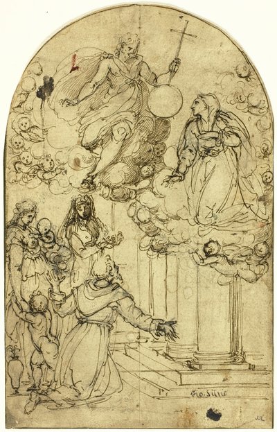 Visjon av den hellige Frans av Assisi ved Portiuncula (til høyre); Ornamental design (verso) av Circle of Alessandro Allori