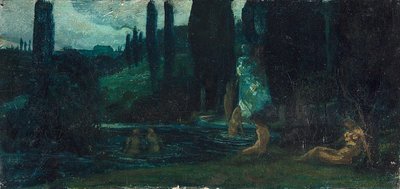 Kvinner som bader om kvelden i et sørlandsk landskap av Circle of Arnold Böcklin
