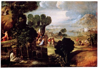 Landskap med scener fra Lives of the Saints, c1530 av Circle of Dosso Dossi