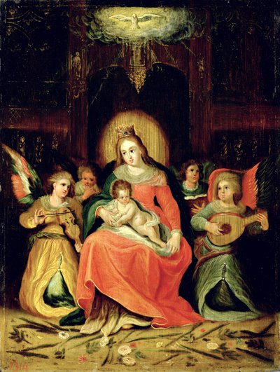 Jomfru Maria med barne- og musikkspillende engler av Circle of Frans Francken the Younger