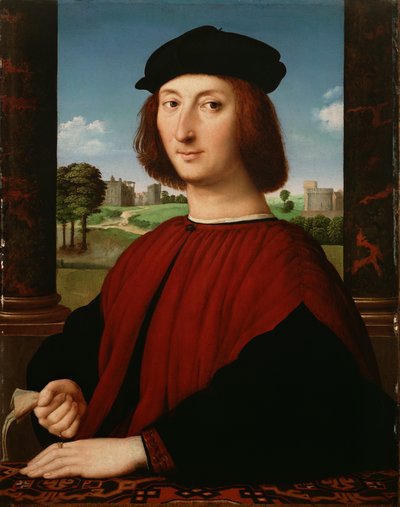 Portrett av en ung mann i rødt av Circle of Raphael