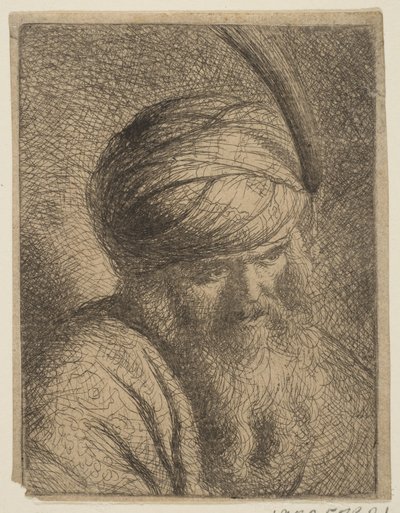 Byste av en mann i fjærkledd turban og langt skjegg.n.d. av Circle of Rembrandt