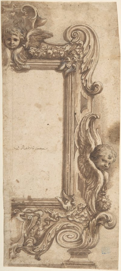 Design for en halvramme dekorert med engler, volutter og kranser., 1634-89. av Ciro Ferri.