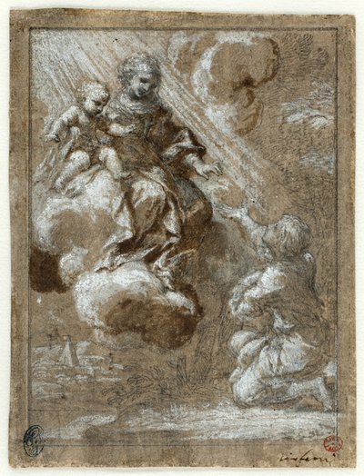 The Madonna and Child in Glory vises for en knelende ung mann av Ciro Ferri