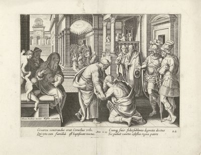 Cornelius kneler foran Petrus Apostlenes gjerninger (serietittel) Acta Apostolorum (serietittel) av Claes Jansz. Visscher (II) (attributed to workshop of)