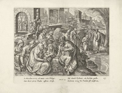 Paulus omvender kvinnene i Filippi Apostlenes gjerninger (serietittel) Acta Apostolorum (serietittel) av Claes Jansz. Visscher (II) (attributed to workshop of)