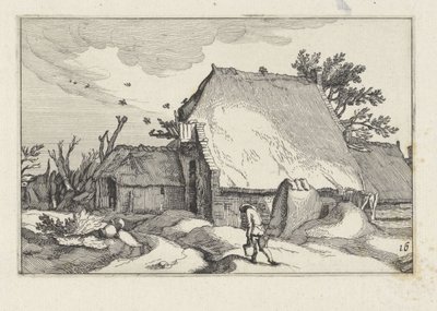 Gård og mann med to bøtter Landskap med gårder (serietittel) av Claes Jansz. Visscher (II)