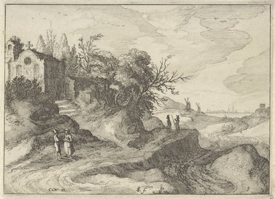 Kapell på en svingete landevei Nederlandske landskap (serietittel) Amaeniores Aliquot Regiunculae (serietittel på objekt) av Claes Jansz. Visscher (II)