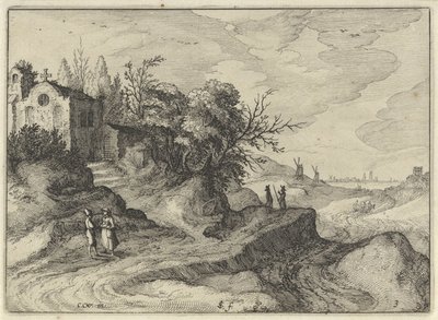 Kapell på en svingete landevei Nederlandske landskap (serietittel) Amaeniores Aliquot Regiunculae (serietittel på objekt) av Claes Jansz. Visscher (II)