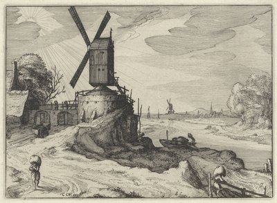 Kvern ved en elv Nederlandske landskap (serietittel) Amaeniores Aliquot Regiunculae (serietittel på objekt) av Claes Jansz. Visscher (II)