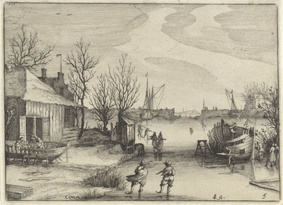 Verft på en frossen kanal Nederlandske landskap (serietittel) Amaeniores Aliquot Regiunculae (serietittel på objekt) av Claes Jansz. Visscher (II)