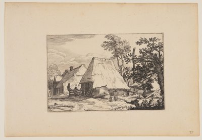 Gårdsplass, mann hviler på et gjerde til venstre for midten, fra Landskap (Verscheyden aerdige Lanthuysen...) av Claes Jansz. Visscher