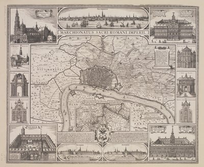 Plan for Antwerpen med prospekt for byen og de viktigste bygningene av Claes Jansz. Visscher