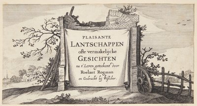 Tittelside for "Landskap med landsbyer nær Amsterdam" av Claes Jansz. Visscher