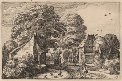 Vei med låve og hytter av Claes Jansz Visscher after Johannes van Doetechum, the Elder after Lucas