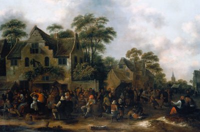 Bønder danser og fester i en landsbygate av Claes Molenaer