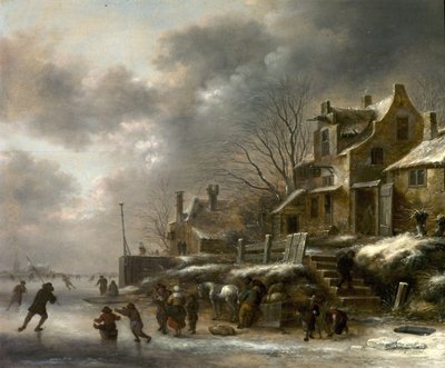 Vinterscene, elv med kunstløp, 1671 av Claes Molenaer