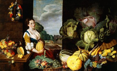 En ung kvinne ved en frukt- og grønnsaksbod av Claes van Heussen