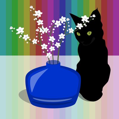 Blå glassvase med blomst og svart katt av Claire Huntley