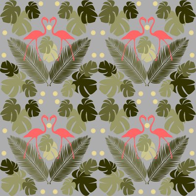 Flamingo og palmer av Claire Huntley