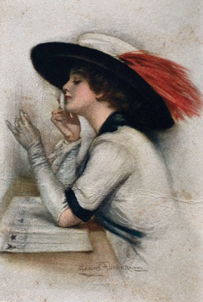 En elegant ung kvinne som stemte i valget i 1920 i USA, 1900-tallet (farge litho) av Clarence F. Underwood