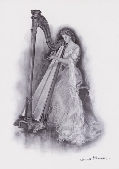 Kvinne spiller en harpe (farge litho) av Clarence F. Underwood
