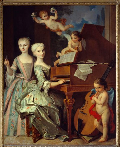 Adelaide de Gueidan og hans søster ved cembalo: Adelaide (1725-1786) og hennes søster Catherine (1726-1759) er medlemmer av en stor provençalsk familie. De er omgitt av musikalske engler. 1735-1740. Olje på lerret av Claude Arnulphy (1697-1786). Musee av Claude Arnulphy