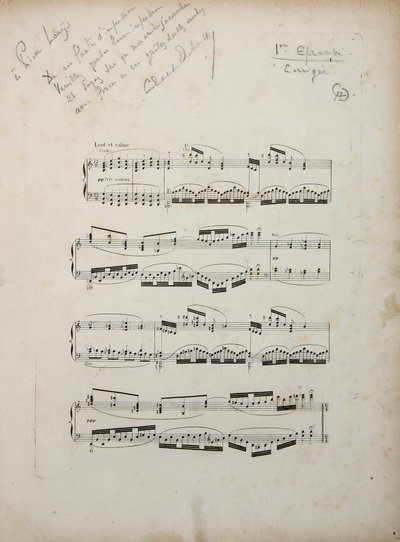 Side fra det første korrigerte beviset på "La damoiselle elue", ca. 1887-88 av Claude Debussy