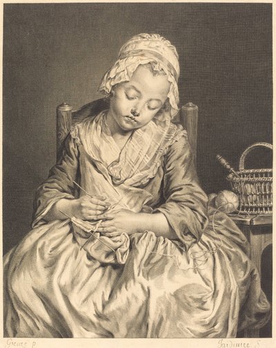 Den sovende strikkeren av Claude Donat Jardinier after Jean Baptiste Greuze