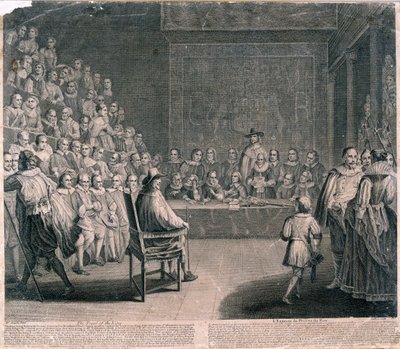 Rettssak mot kong Charles I, Palace of Westminster, c1725 av Claude Dubosc