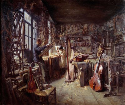 En restauratør i verkstedet sitt fullt av instrumenter. Maleri av Claude Firmin (1864-1944) 1896 Avignon musee Calvet Oppmerksomhet! Bruk av dette verket kan være underlagt en tredjeparts autorisasjonsforespørsel eller tilleggsgebyrer av Claude Firmin