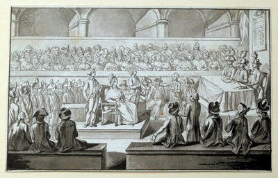 Dronning av Frankrike Marie Antoinette foran revolusjonsdomstolen: dager 14,15,16/10/1793 Advokaten som forsvarte seg i saken hans er Claude Francois Chauveau-Lagarde (1756-1841). Tegning med sort blekk Dim. 0,097x0,15 m. Paris, Louvre-museet av Claude-Francois Chauveau-Lagarde