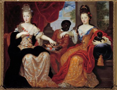 Portretter av Mademoiselle de Blois og Mademoiselle de Nantes servert av deres svarte tjener""". Mademoiselle de Blois (1677-1749), fremtidig kone til Louis de Bourbon, Mademoiselle de Nantes (1673-1743), fremtidig hertuginne av Orleans. Maleri av Claude F av Claude Francois Vignon