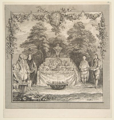 Snacket tilberedt i en hage.n.d. Skapere: Claude Gillot, Jacques Gabriel Huquier. av Claude Gillot, Jacques Gabriel Huquier